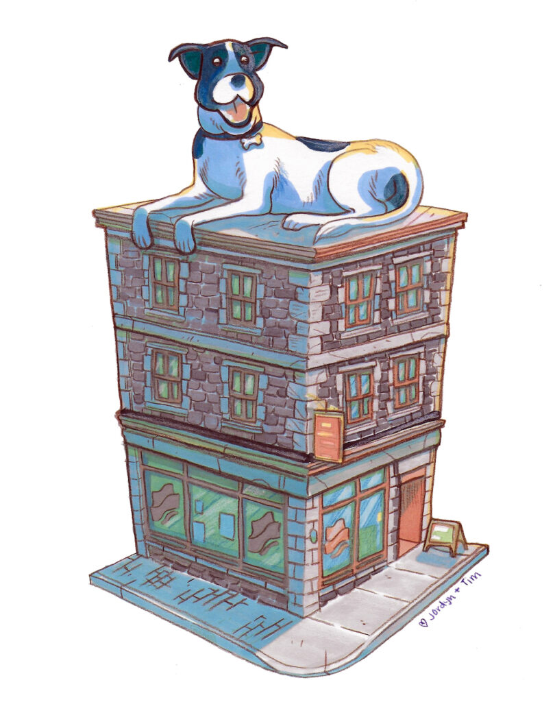 Gromit, the comic shop dog, on top of Halifax's Strange Adventures. Illustration by Jordyn Bochon & Tim Carpenter
